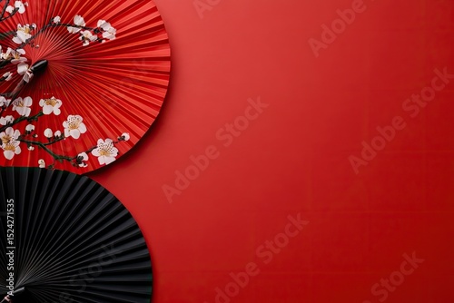 Red and black paper fans on red background