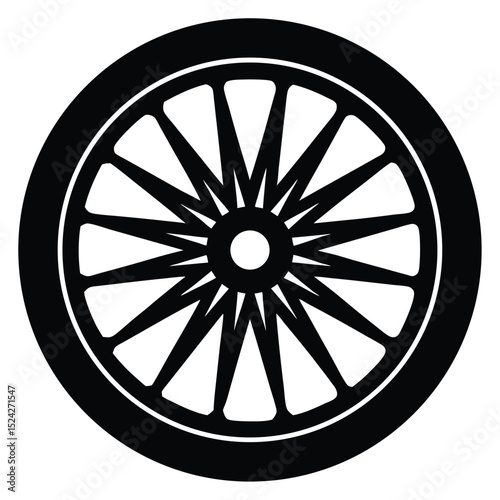 Black and White Wheel Illustration with Radiating Spokes for Designs or Graphics