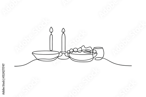 Simple line drawing of shabbat dinner candles and food