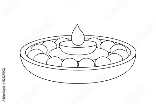 Line drawing of a bowl with a central diya and surrounding sweets