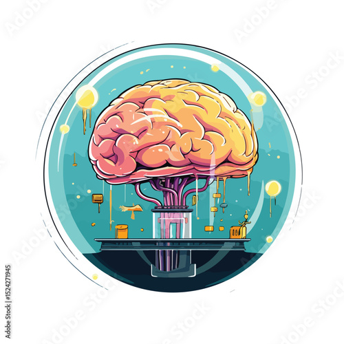Futuristic Human Brain with Spaceship in Bubble Vector Illustration