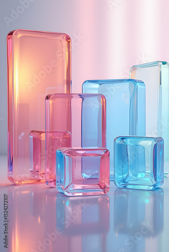 Colorful glass blocks in pink and blue tones arranged artistically on a reflective surface
