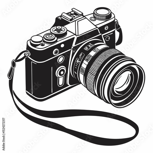 Vintage film camera with strap black and white illustration