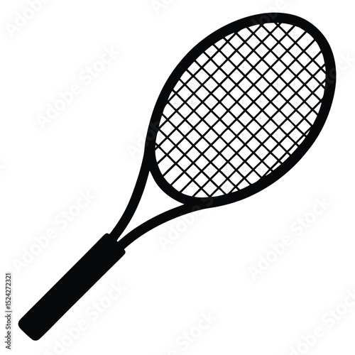Black Silhouette Illustration of a Tennis Racket with Strings and Handle Isolated