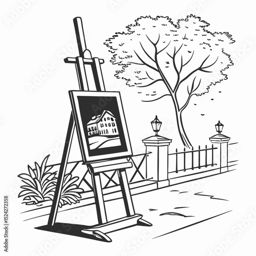 Easel with painting of house by park fence