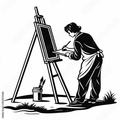 Artist painting on easel outdoor scene black and white