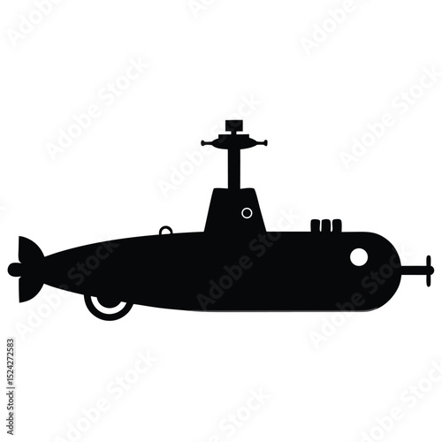 Black Silhouette of a Submarine with a Periscope and Rear Propeller on White Background