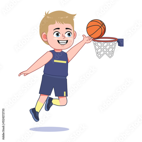 Blond Cute Little Boy Cartoon Playing Basketball Lay Up Jump Score