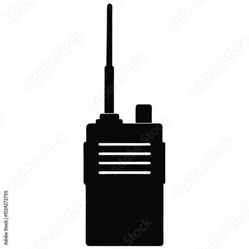 Black Silhouette of Portable TwoWay Radio, Featuring Antenna and Controls on a White Background