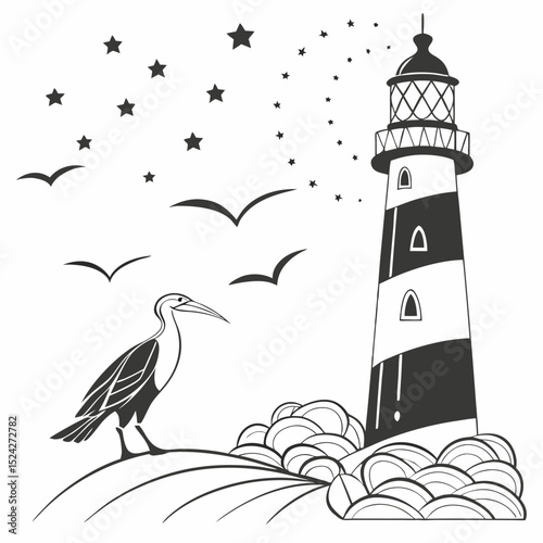 Coastal lighthouse scene with birds and stars