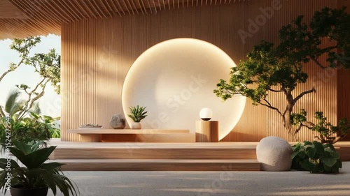 Modern minimalist interior design featuring a circular light, greenery, and natural textures