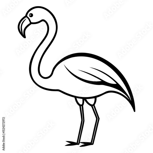 Illustration of a flamingo standing with its long neck curved in black outline on transparent background