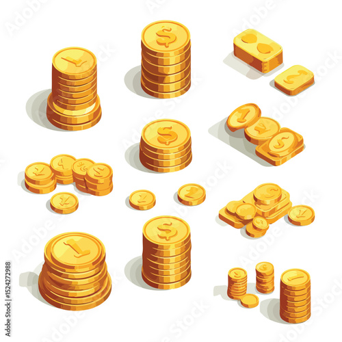 Isometric Coins and Dollars Money Icons Vector Illustration for Financial Concepts