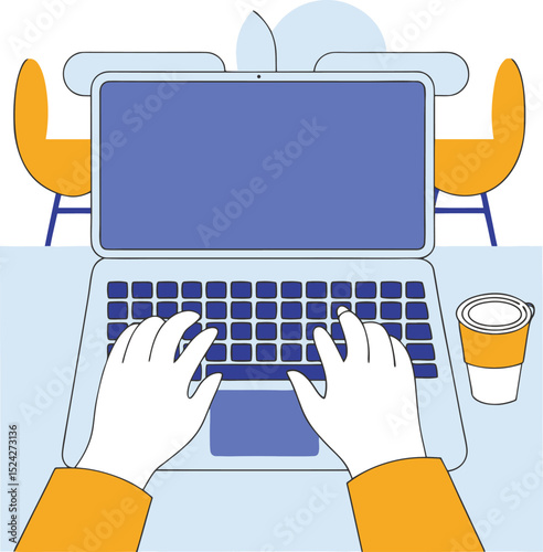 Partial view of a person typing on a laptop at a cafe