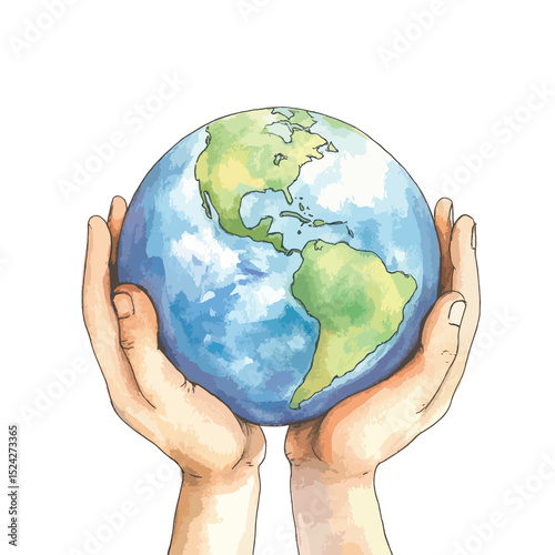 Watercolor Globe Held Gently in Two Hands