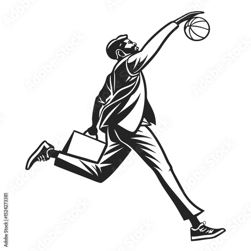 Businessman plays basketball while running