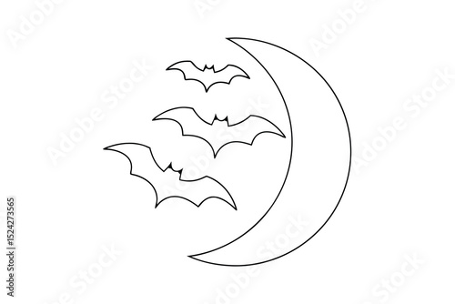 Halloween bats flying around crescent moon line drawing illustration