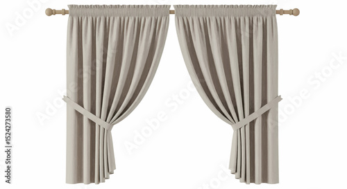 Light beige curtains with a delicate vertical weave. They feature fabric ties, delicate pleats, and a light brown rod, all against a pure white background with bright, even lighting. Vector