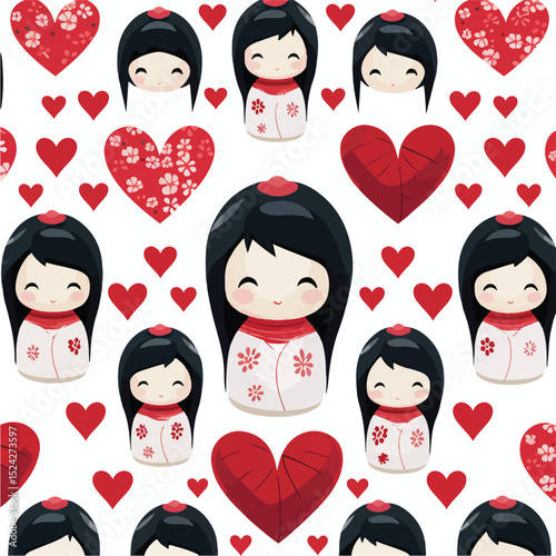 Traditional Kokeshi Doll on Cute Hearts Background Vector Illustration