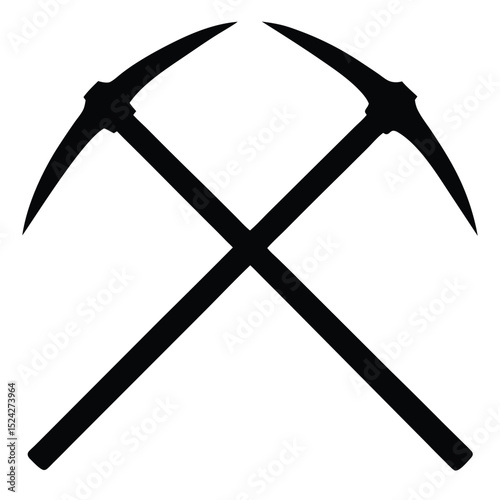 Crossed Black Pickaxes Mining Tool Symbol, Industrial Design Element on White Background