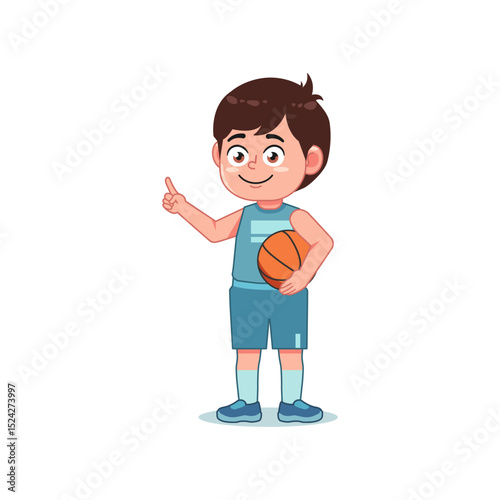 Asian Cute Little Boy Cartoon Playing Basketball Pointing Finger