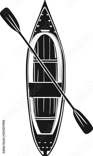 Black and white vector illustration of a top-down canoe with crossed paddles, detailed silhouette style on a transparent background.
