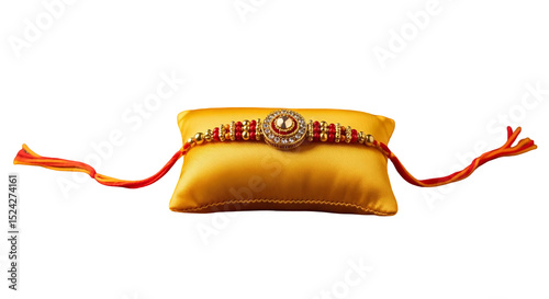Cutout rakhi on silk pillow with rice grain