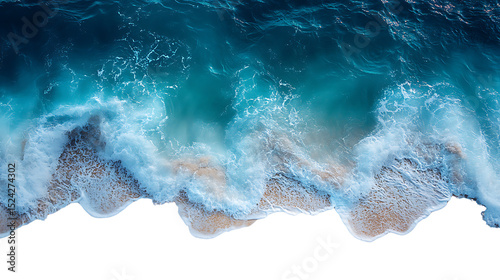 Fototapeta Naklejka Na Ścianę i Meble -  Aerial view turquoise ocean waves crashing sandy beach isolated on transparent background