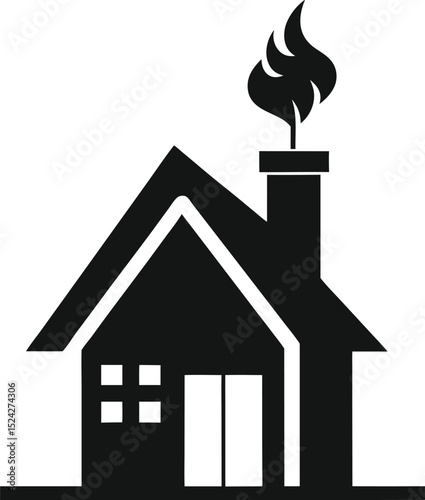 "Cabin with smoke chimney icon, black silhouette, minimalist vector style"