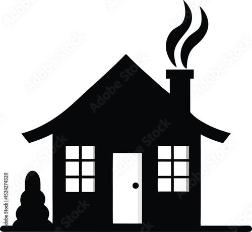 "Cabin with smoke chimney icon, black silhouette, minimalist vector style"