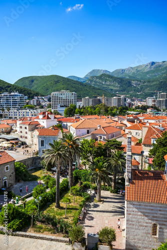 View from the Citadel to the old town and red roofs and the Adriatic Sea, Budva, Montenegro