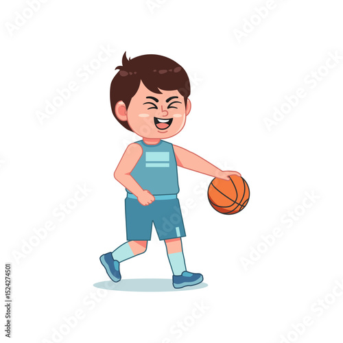 Asian Cute Little Boy Cartoon Playing Basketball Happy Dribbling