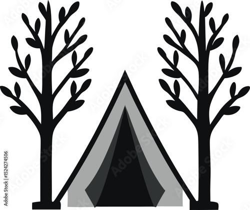 "Camping tent between trees icon, black silhouette, vector style"
