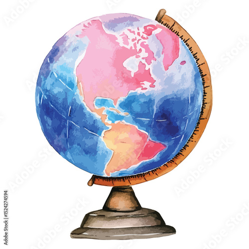 Watercolor Globe with Pastel Hues and Wooden Stand