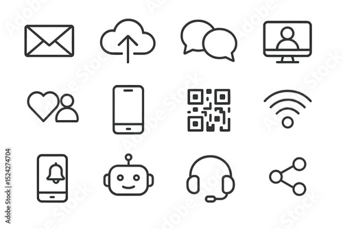 Set of digital communication and technology icons in black and white design