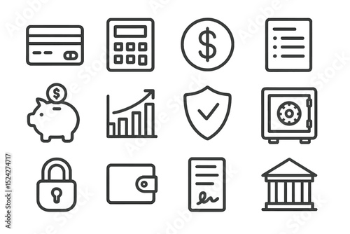 Finance and security icons featuring calculator, piggy bank, safe, and wallet