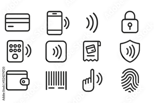 Contactless technology icons: nfc, rfid, biometrics, security, digital wallet