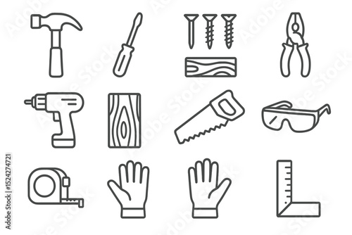 Tool icons set: hammer, saw, drill, pliers, screws, goggles, gloves