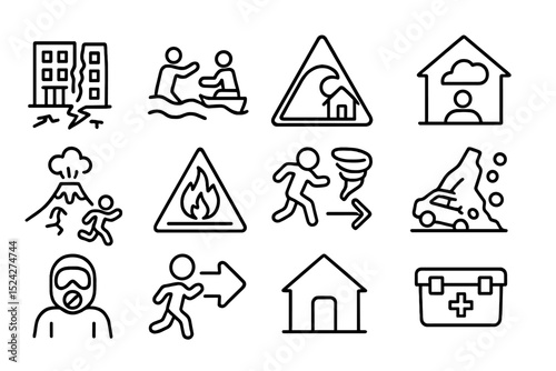 Disaster preparedness icons including earthquake, flood, and emergency shelter