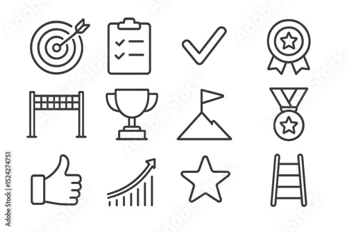 Achievement icons: target, checklist, trophy, medal, ladder, success symbols