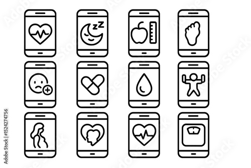 Smartphone health app icons for fitness, diet, sleep, and heart monitoring