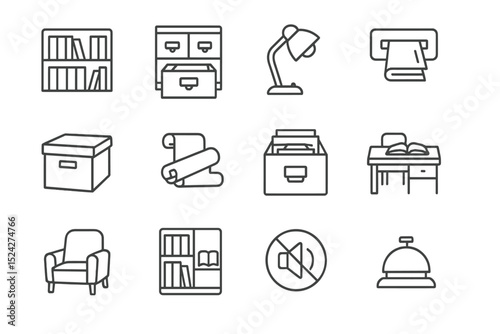 Minimalist office icons set: desk, lamp, chair, file, bookshelf, silence