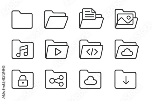 Digital folder icons for files, music, videos, code, cloud, and security