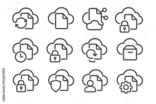 Cloud storage icons on dark background with security and sync symbols