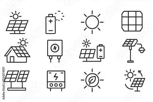 Solar energy icons: panels, batteries, sun, sustainable and eco-friendly symbols