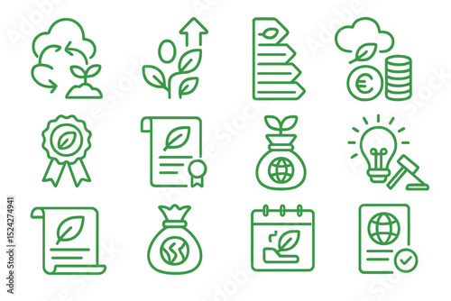 Green eco icons: sustainability, growth, renewable energy, economics, environment