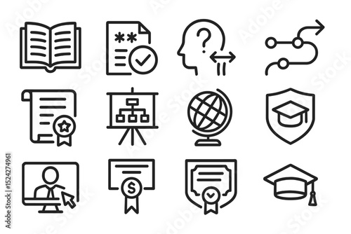 Education and learning icons: book, certificate, graduation cap, presentation