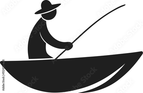 
"Fishing person in a boat icon, black silhouette, side view, minimalist vector"

