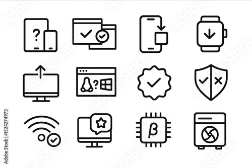 Technology icons set: devices, security, communication, validation