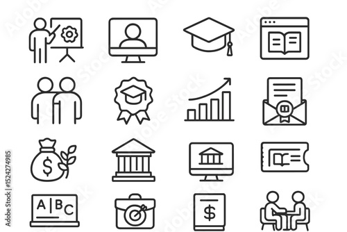 Online education and financial growth icons on gray background